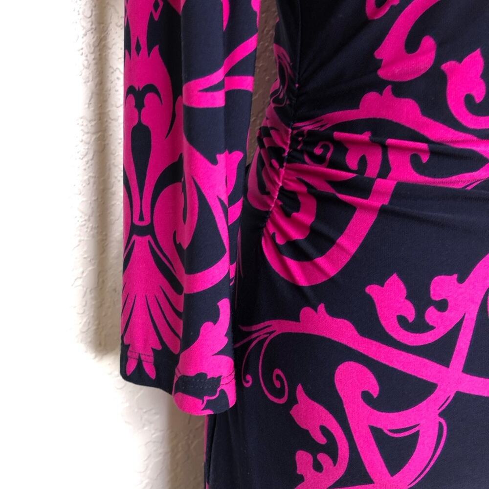 David Meister navy blue pink floral scroll v neck midi dress size 8 - Picture 5 of 16